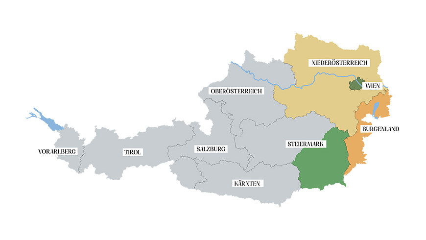 Copyrights: ©️ ÖWM Zu sehen sind die spezifischen Weinbaugebiete Österreichs auf einer Karte, Stand Mai 2020